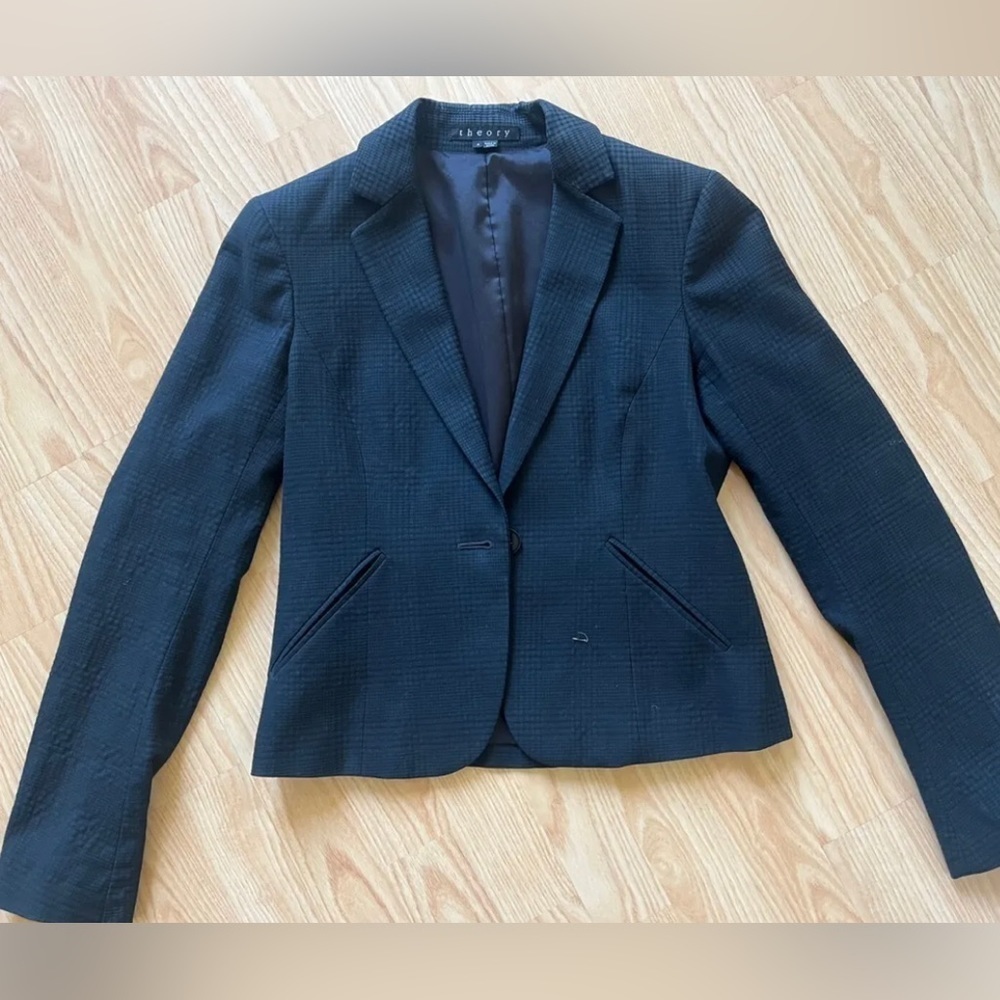 Theory Cropped Jacket Blazer Top Cotton Wool Black Sz 6